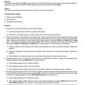 May include: A diagnostic document titled "E0116-11- Header lower solenoid - Unidentified failure code." The document provides troubleshooting steps for a header lower solenoid, including checking wiring, solenoid condition, and signal circuits. The document includes diagrams and technical specifications.