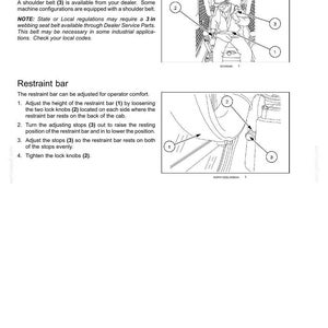 May include: Diagram of a shoulder belt and restraint bar with numbered labels. The shoulder belt has a buckle and the restraint bar is adjustable. Text explains the function and adjustment of the parts.