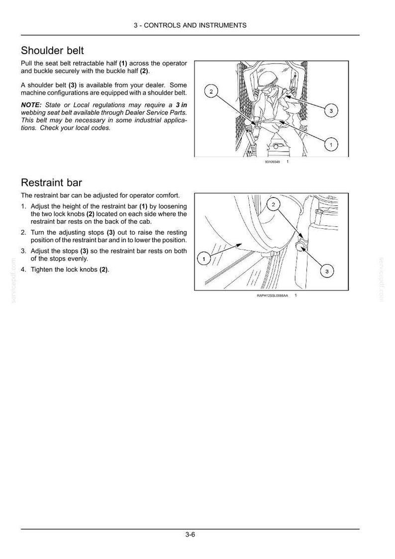 May include: Diagram of a shoulder belt and restraint bar with numbered labels. The shoulder belt has a buckle and the restraint bar is adjustable. Text explains the function and adjustment of the parts.