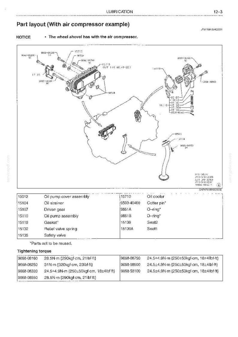 May include: A technical diagram titled Part layout (With air compressor example) showing an exploded view of engine lubrication components, including an oil cooler, oil pump assembly, strainer, and various fasteners with a tightening torque table.