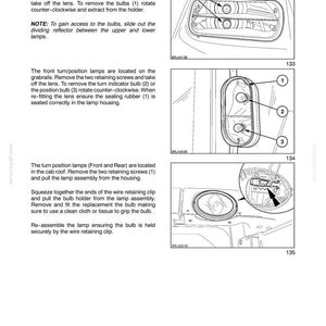 May include: A technical manual page titled SECTION 4 - LUBRICATION AND MAINTENANCE, featuring three black and white diagrams labeled 133, 134, and 135. The diagrams illustrate instructions for removing and replacing turn and position light bulbs.