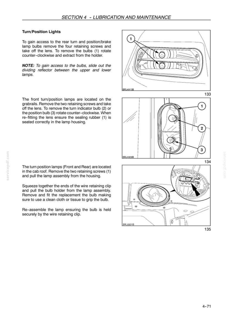 May include: A technical manual page titled SECTION 4 - LUBRICATION AND MAINTENANCE, featuring three black and white diagrams labeled 133, 134, and 135. The diagrams illustrate instructions for removing and replacing turn and position light bulbs.