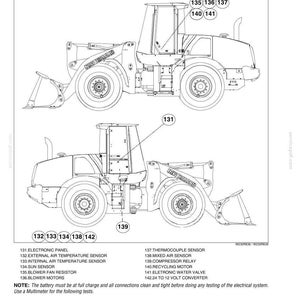 May include: A technical line drawing of a New Holland wheel loader showing climate control components. The diagram includes two side views of the vehicle with numbered callouts from 131 to 142, identifying parts like the electronic panel and sensors.