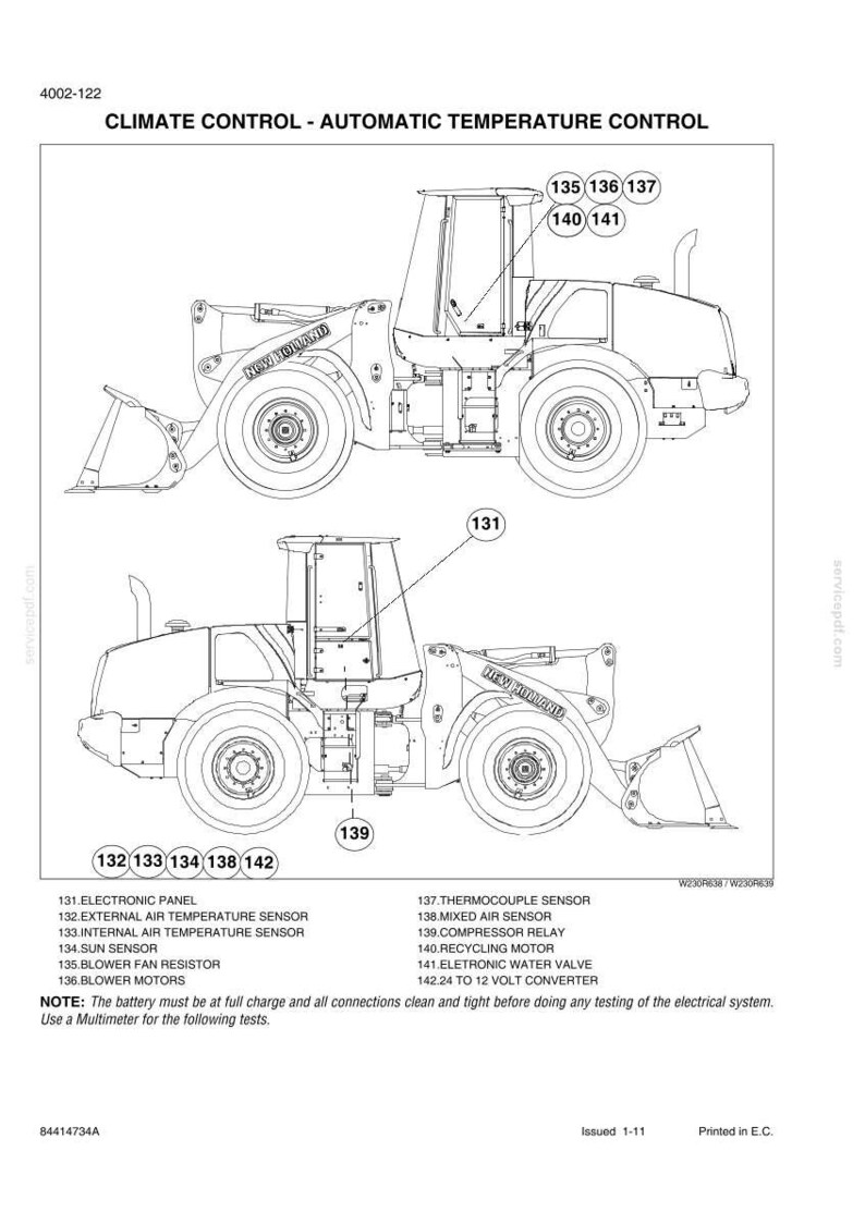 May include: A technical line drawing of a New Holland wheel loader showing climate control components. The diagram includes two side views of the vehicle with numbered callouts from 131 to 142, identifying parts like the electronic panel and sensors.
