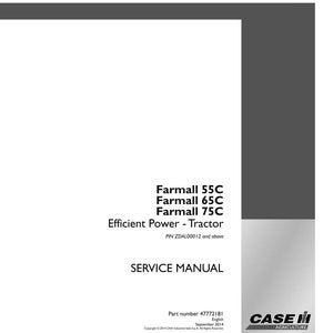 May include: A white service manual with the text "Farmall 55C, 65C, 75C" and "Efficient Power - Tractor". The manual includes the text "SERVICE MANUAL" and the Case IH Agriculture logo.
