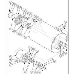 May include: An exploded diagram of a compaction drum assembly, labeled "Wheels - Compaction drums." The diagram shows various components, including a smooth drum, oil dippers, rings, and bearings, with numbered positions for each part.