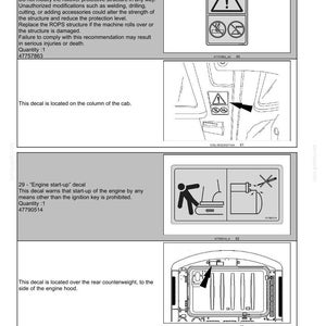 May include: A page from a manual with safety information and diagrams. The text warns against modifying the ROPS and unauthorized engine starts. Includes diagrams with warning symbols and text.