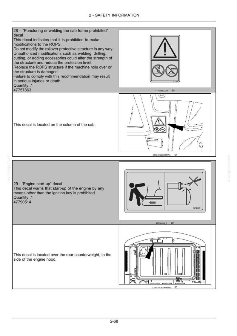 May include: A page from a manual with safety information and diagrams. The text warns against modifying the ROPS and unauthorized engine starts. Includes diagrams with warning symbols and text.