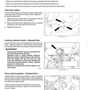 May include: Diagram of machine attachments and working operations. Includes instructions for anti-sway caliper, auxiliary hydraulic ports, and flow control regulator. Features diagrams with arrows pointing to specific components and text labels.