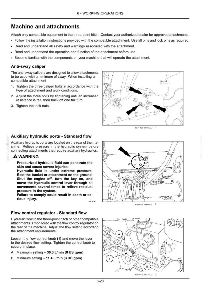 May include: Diagram of machine attachments and working operations. Includes instructions for anti-sway caliper, auxiliary hydraulic ports, and flow control regulator. Features diagrams with arrows pointing to specific components and text labels.