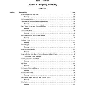 May include: A manual page titled "SECTION 10 - ENGINE" with a table of contents for Chapter 1. The table lists engine components such as fuel injectors, oil pressure switches, and rocker arm shafts, with corresponding page numbers.