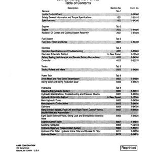 May include: A black and white printed service manual for a 9050B Excavator. The table of contents lists sections such as Engines, Fuel System, Electrical, Hydraulics, and Power Train. The manual is from Case Corporation.