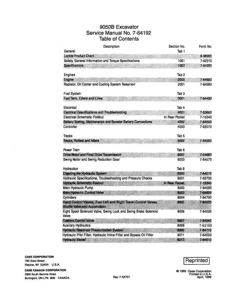 May include: A black and white printed service manual for a 9050B Excavator. The table of contents lists sections such as Engines, Fuel System, Electrical, Hydraulics, and Power Train. The manual is from Case Corporation.