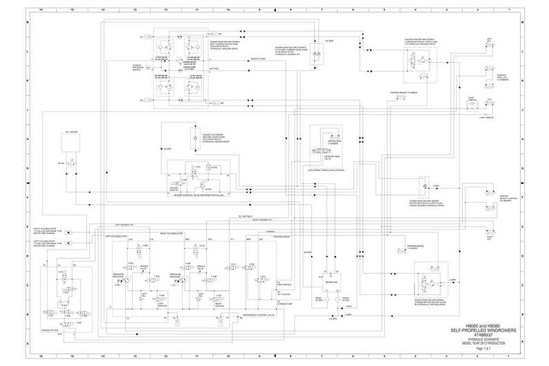 May include: A detailed technical diagram of a self-propelled windrower, featuring a complex network of lines, symbols, and text. The diagram is in black and white, with labels and annotations.