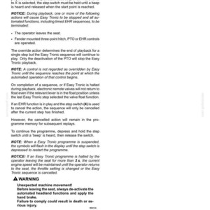 May include: A technical document page titled 6-WORKING OPERATIONS, containing detailed instructions for an Easy Tronic system. The text outlines playback sequences, override actions, safety notices, and warnings regarding machine movement and operator seat usage.