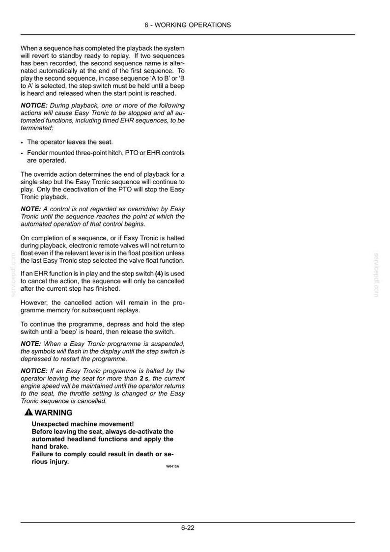 May include: A technical document page titled 6-WORKING OPERATIONS, containing detailed instructions for an Easy Tronic system. The text outlines playback sequences, override actions, safety notices, and warnings regarding machine movement and operator seat usage.
