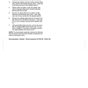 以下が含まれることがあります： FRAME POSITIONING - TRAVELLING FOLDINGというタイトルの技術文書ページ。シリンダーの分解に関する2から7までの番号付き手順が記載されています。ネジ山の測定に関する注記と、次の検査作業への参照が含まれています。