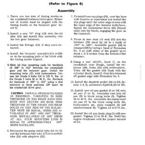 May include: Engine block, oil pan, seal retainer, and balancer assembly instructions with oil pump. Includes diagrams and detailed steps for installation and maintenance. Text on a white background.