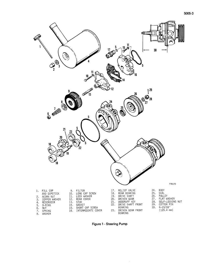 May include: An exploded diagram of a steering pump, labeled "Figure 1 - Steering Pump." The image is a black and white technical illustration, showing various components like the reservoir, pulley, and relief valve. Measurements are provided in inches and millimeters.
