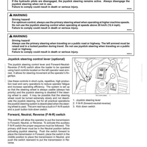 May include: A technical manual page titled Controls and Instruments featuring a diagram of a joystick steering control lever. The diagram labels the joystick steering lever, the Forward-Neutral-Reverse switch, and the kick down switch.