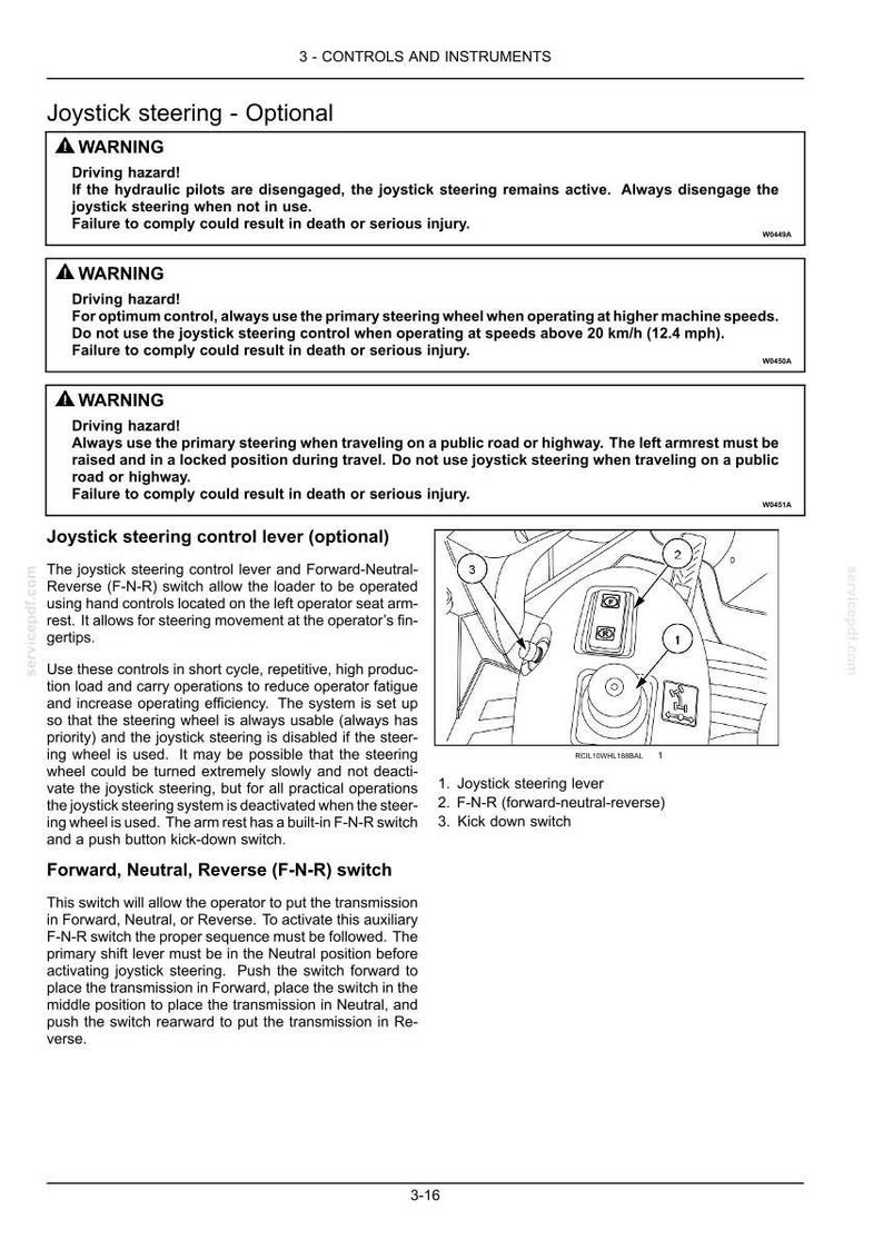 May include: A technical manual page titled Controls and Instruments featuring a diagram of a joystick steering control lever. The diagram labels the joystick steering lever, the Forward-Neutral-Reverse switch, and the kick down switch.