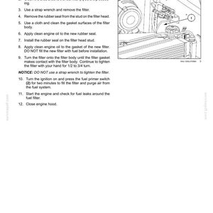 May include: A technical maintenance page for models L221, L228, C227, and C232, featuring a black and white line drawing of an engine fuel filter assembly labeled with the number 1, accompanied by a numbered list of twelve instructions for filter replacement.