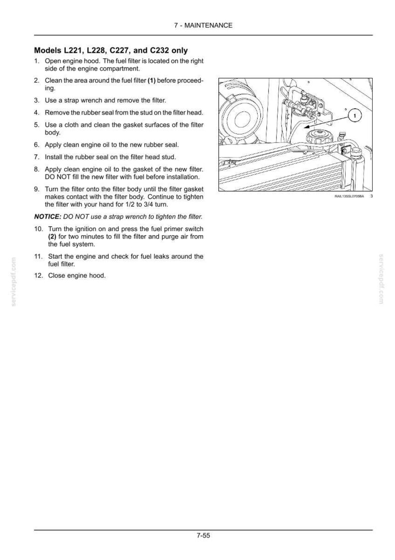 May include: A technical maintenance page for models L221, L228, C227, and C232, featuring a black and white line drawing of an engine fuel filter assembly labeled with the number 1, accompanied by a numbered list of twelve instructions for filter replacement.
