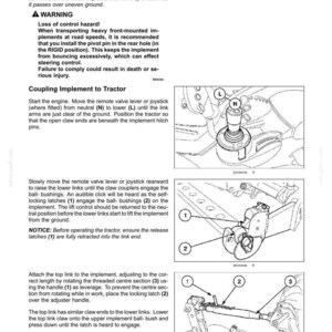 May include: A technical manual page titled 6-WORKING OPERATIONS containing text instructions and three black and white line drawings illustrating the coupling of an implement to a tractor, including a joystick, claw couplers, and a top link mechanism.