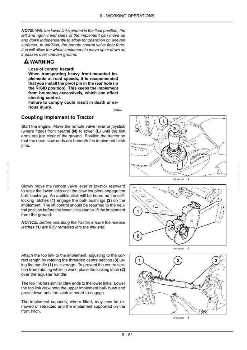 May include: A technical manual page titled 6-WORKING OPERATIONS containing text instructions and three black and white line drawings illustrating the coupling of an implement to a tractor, including a joystick, claw couplers, and a top link mechanism.