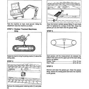 May include: Diagram showing track tension maintenance steps for a machine. Includes instructions for greasing, bolt removal, and track alignment. Text includes measurements in millimetres and torque specifications.
