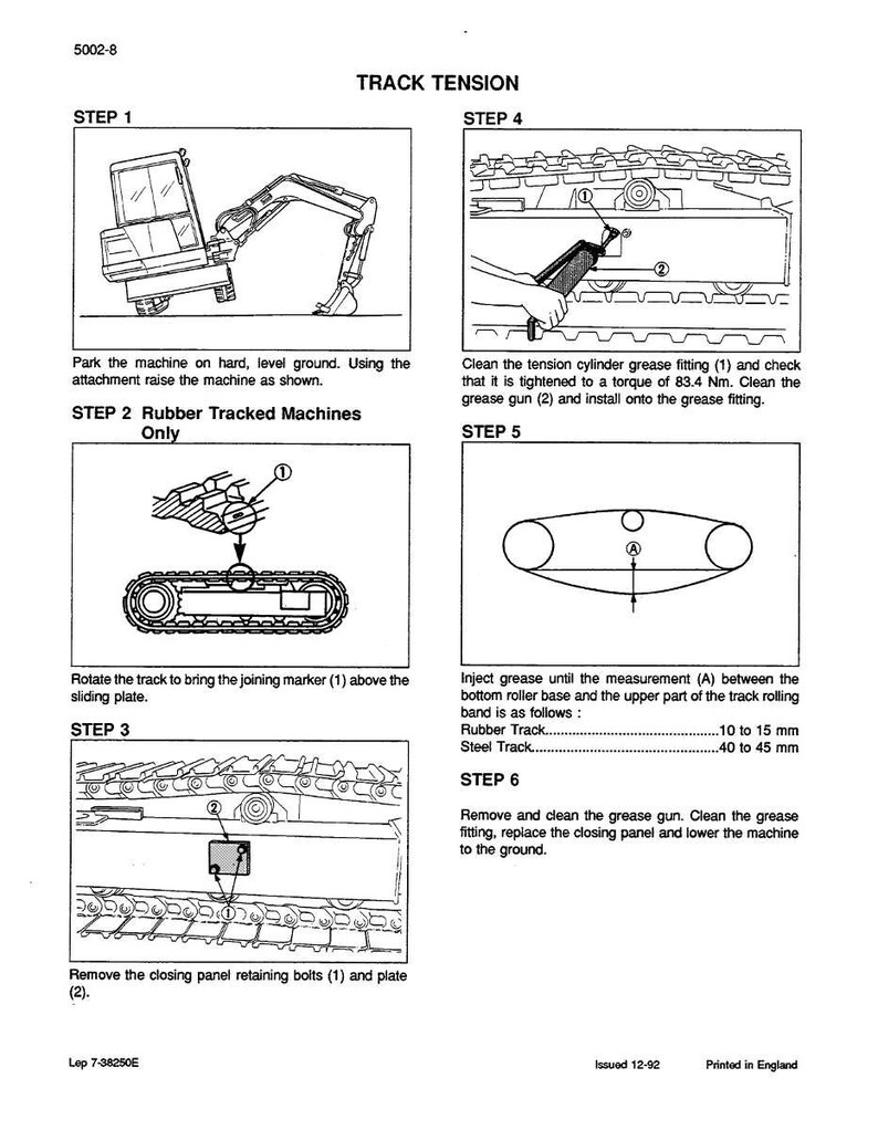 May include: Diagram showing track tension maintenance steps for a machine. Includes instructions for greasing, bolt removal, and track alignment. Text includes measurements in millimetres and torque specifications.