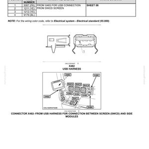May include: Diagram of a USB harness outlet, connector X482, with wiring details and circuit references. Includes a schematic of the USB harness and its connections, with labels for various components and wire numbers. Text includes "USB HARNESS OUTLET".