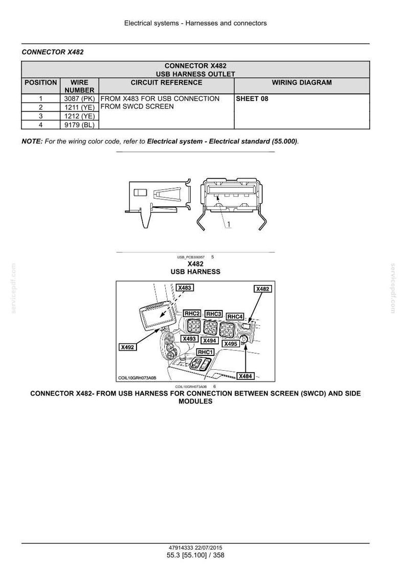 May include: Diagram of a USB harness outlet, connector X482, with wiring details and circuit references. Includes a schematic of the USB harness and its connections, with labels for various components and wire numbers. Text includes "USB HARNESS OUTLET".