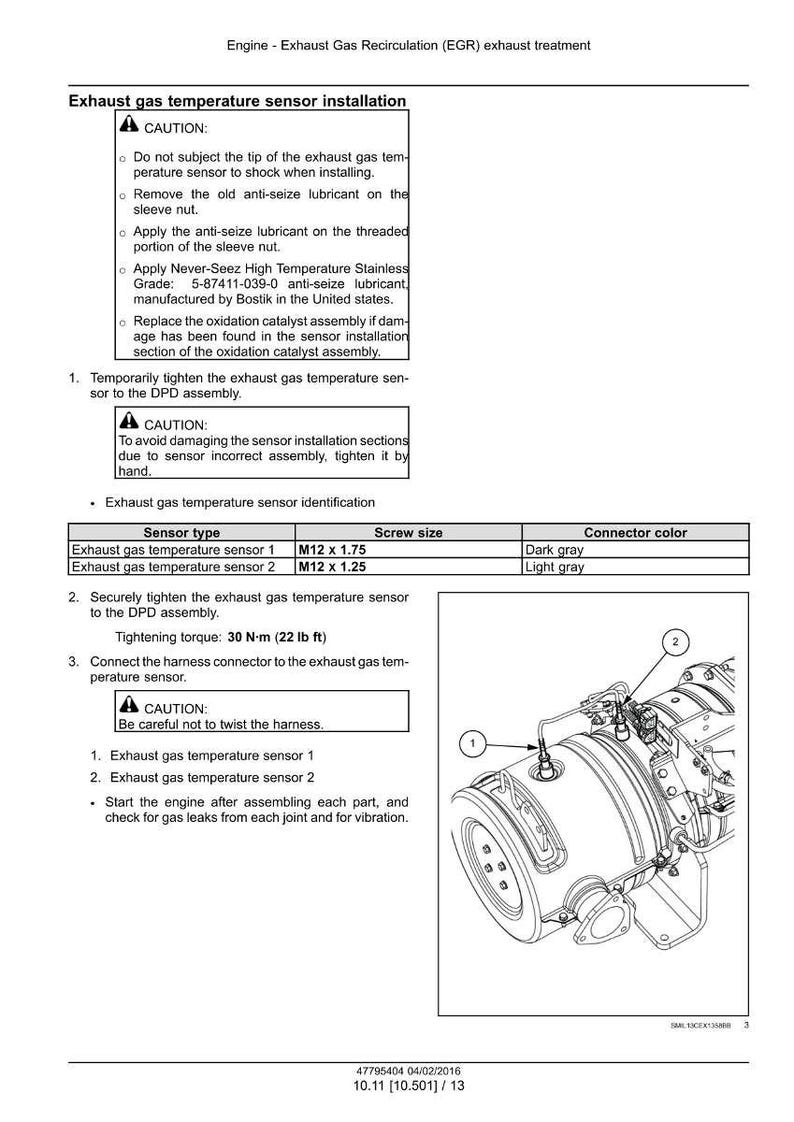 Op de afbeelding: Diagram van een motoronderdeel met instructies voor het installeren van een uitlaatgastemperatuursensor. De afbeelding bevat tekst, diagrammen en een waarschuwingssymbool. De tekst geeft details over sensortypes, schroefmaten en connectorkleuren.