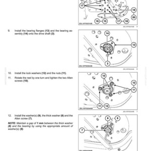 May include: Diagram of a product assembly process, labeled "Product feeding - Pickup." The image shows detailed illustrations with numbered components, including bolts, washers, flanges, and screws. Text instructions accompany each step.