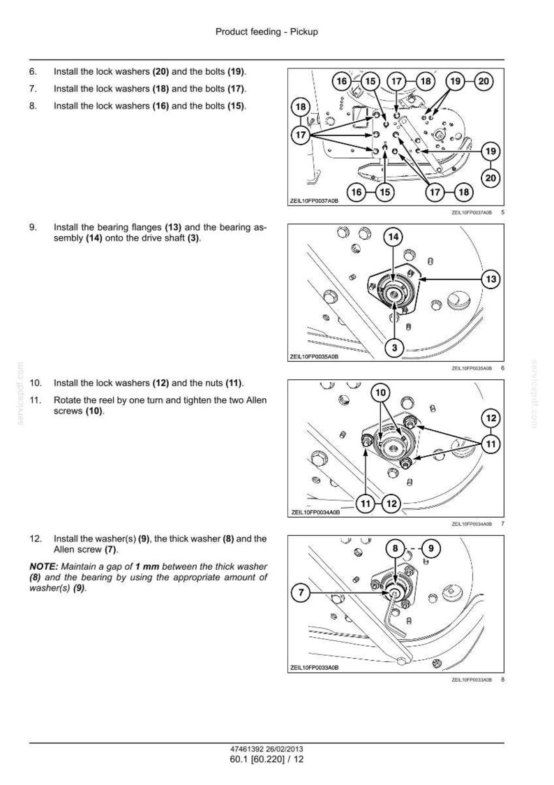 May include: Diagram of a product assembly process, labeled "Product feeding - Pickup." The image shows detailed illustrations with numbered components, including bolts, washers, flanges, and screws. Text instructions accompany each step.