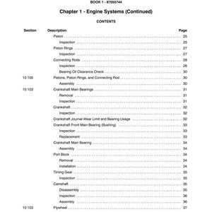 May include: A page from a manual titled "SECTION 10 - ENGINE SYSTEMS." The table of contents lists engine components such as pistons, crankshafts, and bearings. The page number is 5.