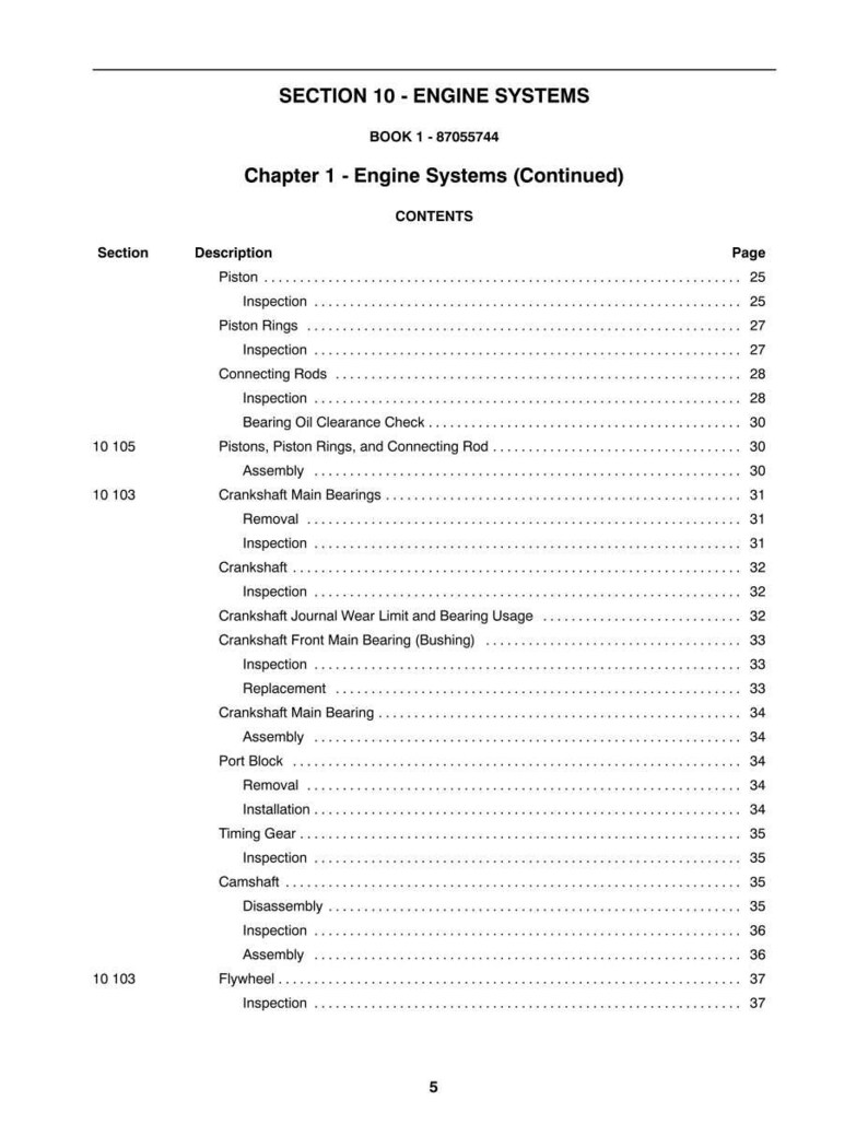 May include: A page from a manual titled "SECTION 10 - ENGINE SYSTEMS." The table of contents lists engine components such as pistons, crankshafts, and bearings. The page number is 5.