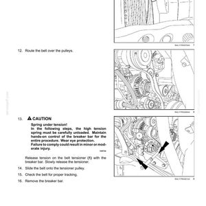 May include: A technical maintenance manual page titled 7-MAINTENANCE, featuring three black and white line drawings of an engine belt installation process. It includes numbered instructions 11 through 16, a caution box about spring tension, and diagrams showing pulleys, a belt, and a breaker bar.