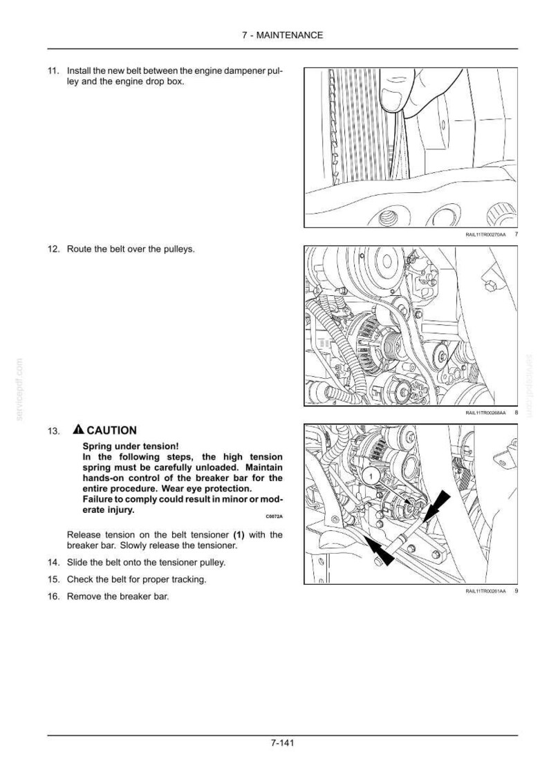 May include: A technical maintenance manual page titled 7-MAINTENANCE, featuring three black and white line drawings of an engine belt installation process. It includes numbered instructions 11 through 16, a caution box about spring tension, and diagrams showing pulleys, a belt, and a breaker bar.