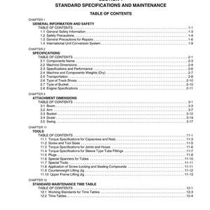 May include: A detailed table of contents from a technical manual, with headings for specifications, tools, and maintenance. The document includes sections on safety, dimensions, and torque specifications. The text is black on a white background.
