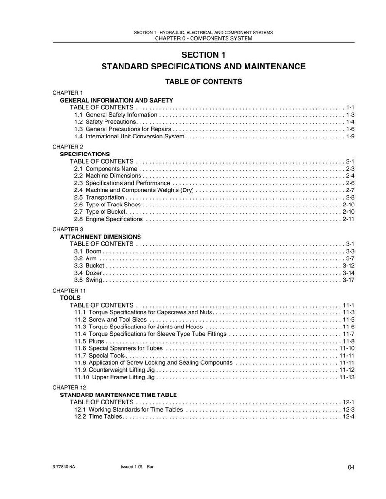 May include: A detailed table of contents from a technical manual, with headings for specifications, tools, and maintenance. The document includes sections on safety, dimensions, and torque specifications. The text is black on a white background.