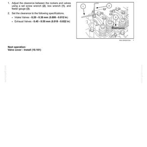 May include: Diagram of an engine's valve drive and gears, with instructions for adjusting the rocker arm. Includes measurements in inches and millimeters for intake and exhaust valves, and the text "Rocker arm - Adjust".