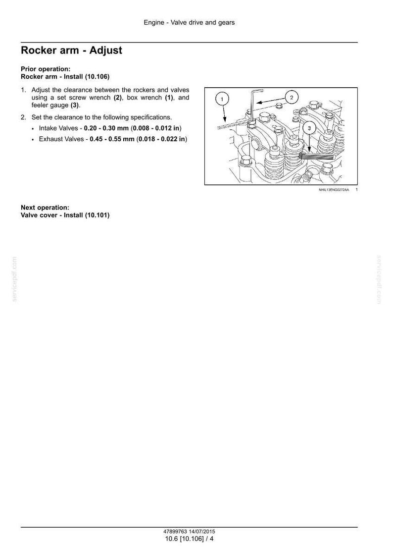 May include: Diagram of an engine's valve drive and gears, with instructions for adjusting the rocker arm. Includes measurements in inches and millimeters for intake and exhaust valves, and the text "Rocker arm - Adjust".