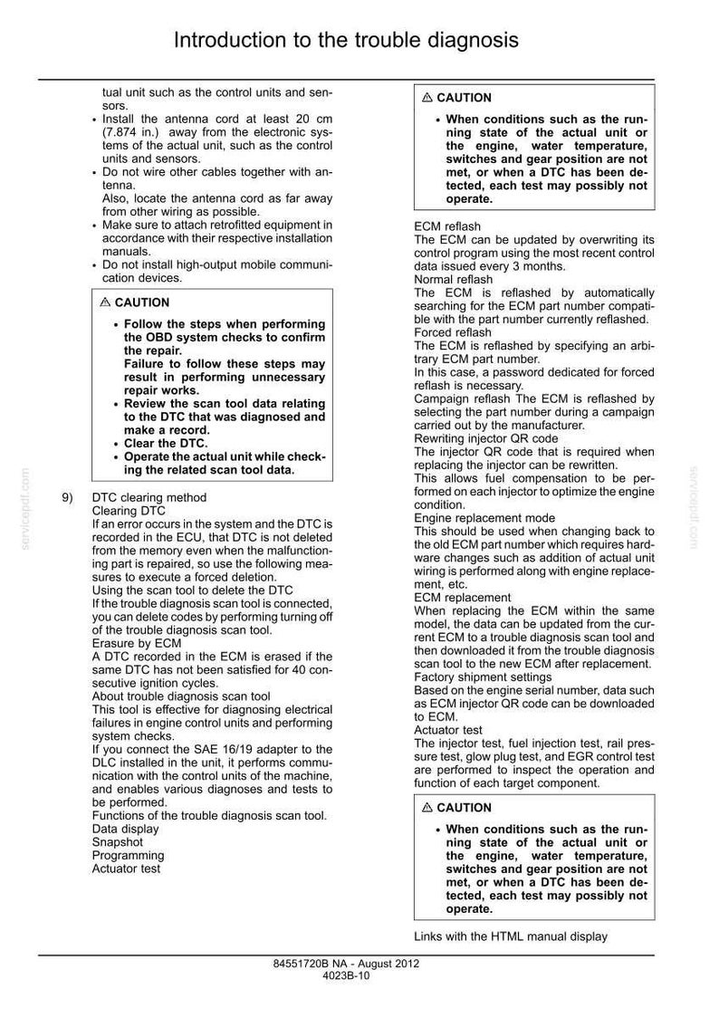 Puede incluir: Una p&aacute;gina de un manual titulada "Introducci&oacute;n al diagn&oacute;stico de problemas", con texto y diagramas. Incluye secciones sobre borrado de DTC, reflash de ECM y pruebas de actuadores, con precauciones de seguridad.