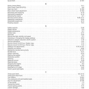 May include: A black and white index page from a technical manual, listing topics alphabetically from PTO to Transmission controls. The text includes headings for Q, R, S, and T, with corresponding page numbers for tractor operations and maintenance.