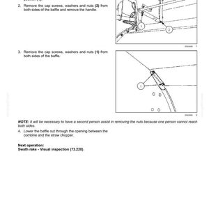 May include: Diagram illustrating the removal of a swath rake from a straw chopper frame. The image shows numbered steps with close-up views of the components, including cap screws, washers, and nuts. Text instructions are provided.