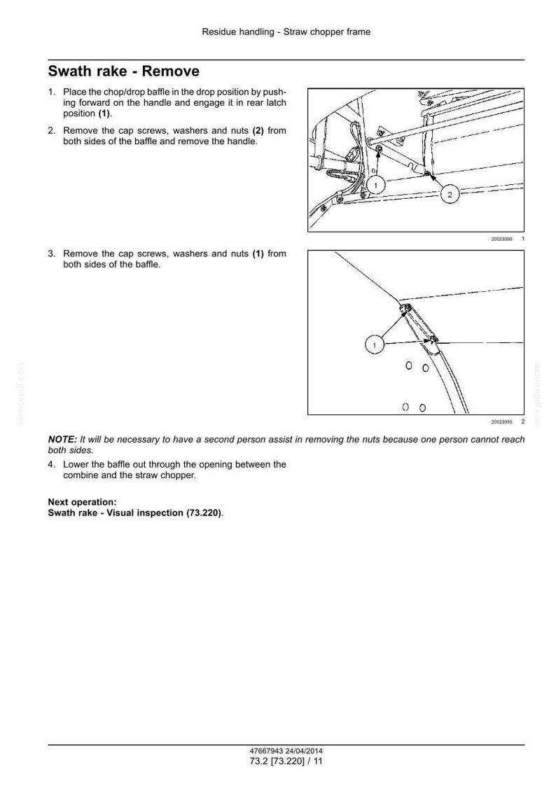 May include: Diagram illustrating the removal of a swath rake from a straw chopper frame. The image shows numbered steps with close-up views of the components, including cap screws, washers, and nuts. Text instructions are provided.
