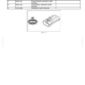 May include: Diagram of a connector with a table detailing pin numbers, wire numbers, and circuit references. The table includes information on washer pump signals and ground connections. The image also shows a schematic frame.