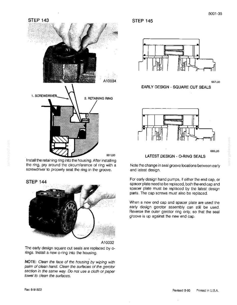 May include: Technical diagram with instructions for replacing seals in a mechanical component. The image includes diagrams, step-by-step instructions, and close-up photos of the process, with text labels and measurements.